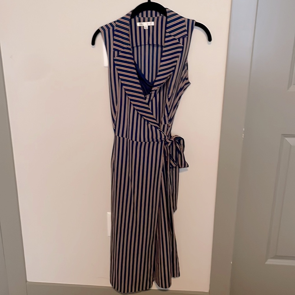 Blue and orange striped wrap midi dress XS